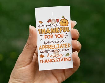 May include: A white card held in a hand with the text "so very THANKFUL FOR YOU you are APPRECIATED MORE THAN YOU KNOW happy THANKSGIVING" in orange and brown. The card has a pumpkin and leaf illustrations.