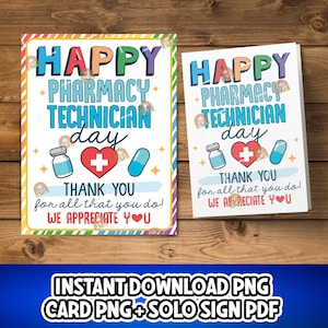 Puede incluir: Dos tarjetas con el texto "HAPPY PHARMACY TECHNICIAN DAY" y "THANK YOU for all that you do! WE APPRECIATE YOU". Las tarjetas presentan ilustraciones de una pastilla, un corazón y un frasco de medicina.