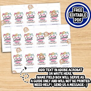 May include: Sheets of printable gift tags with the text "Happy Classified School Employee Week!" in a colorful design. The tags include space to add a name. A blue circle with "FREE EDITABLE PDF" is in the upper right corner.