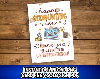 Puede incluir: Una tarjeta imprimible con una ilustración de dibujos animados de una computadora portátil, una calculadora y bolsas de dinero. El texto dice "¡Feliz Día de la Contabilidad! ¡Gracias por todo lo que haces! ¡Te apreciamos!"