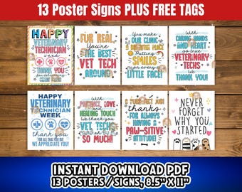 May include: Thirteen printable posters for veterinary technicians. The posters feature colorful illustrations of animals and text such as "Happy Veterinary Technician Week", "Fur Real You're the Best Vet Tech Around", "You Make Our Clinic a Brighter Place Putting Smiles on Every Little Face!" and "With Caring Hands and Heart So True Veterinary Techs We Thank You!"