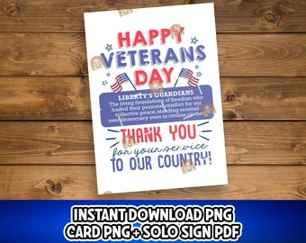 May include: A white card with the text "HAPPY VETERANS DAY" in red and blue, with American flags and stars. The card also includes the text "THANK YOU for your service TO OUR COUNTRY!"