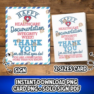 May include: Two white cards with text for Healthcare Documentation Integrity Week. The text includes "HAPPY", a heart symbol, and "THANK YOU". The cards are on a wooden surface. The bottom text says "INSTANT DOWNLOAD PNG CARD PNG + SOLO SIGN PDF".
