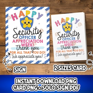 以下が含まれることがあります： 「Happy Security Officer Appreciation Week!」のテキストが入った2枚のカードとサイン。デザインには、笑顔の顔が付いた星型のバッジが含まれています。サインとカードは木製の表面にあります。