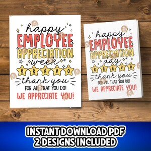 May include: Two employee appreciation cards with the text "Happy Employee Appreciation Week" and "Happy Employee Appreciation Day". The cards feature star graphics and the words "Bravo" and "Thank You".