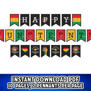 May include: A banner with the words "HAPPY JUNETEENTH" in black, red, yellow, and green pennants. Additional pennants display celebratory graphics. The bottom of the image reads "INSTANT DOWNLOAD PDF 10 PAGES, 2 PENNANTS PER PAGE."