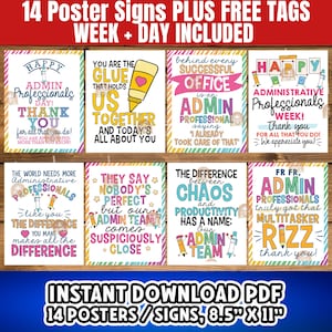 Könnte beinhalten: Ein Satz von 14 druckbaren Postern mit farbenfrohen Designs und Texten, die administrative Fachkräfte feiern. Die Poster zeigen Sätze wie "Frohe Woche der Verwaltungsfachkräfte!" und "Du bist der Klebstoff, der uns zusammenhält".