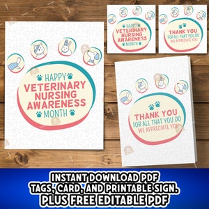 Veterinary Nursing Awareness Month Printable Bundle, VNAM Tags, Veterinary Nurse Card, VNAM Signs, Veterinary Thank you Card, Vet Nurse Tags
