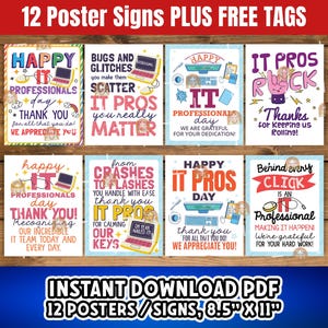 Może przedstawiać: Dwunastu drukowanych plakatów w rozmiarze 8,5 x 11 cali z kolorowymi wzorami i tekstem celebrującym specjalistów IT. Plakaty zawierają takie zwroty jak "Happy IT Professionals Day", "IT Pros Rock" i "Behind Every Click is an IT Professional".