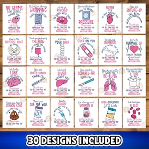 May include: A collection of 30 unique greeting cards with humorous medical-themed illustrations and text. Each card features a different design with phrases like "We're psyched to work with you!" and "You're suture-ly the best!" on a wooden background.