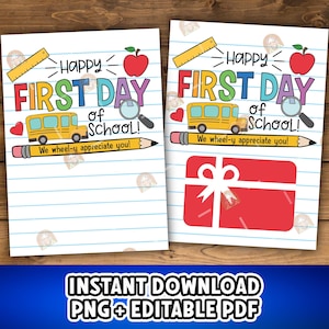 Portatarjetas imprimible para conductor de autobús escolar, regalo para el primer día de clases, portatarjetas de feliz primer día de clases