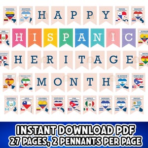 Pode incluir: Um conjunto de banners para o Mês da Herança Hispânica, com bandeirolas exibindo bandeiras e mapas de vários países latino-americanos. As palavras "HAPPY HISPANIC HERITAGE MONTH" são exibidas. A imagem também inclui o texto "INSTANT DOWNLOAD PDF 27 PAGES, 2 PENNANTS PER PAGE".