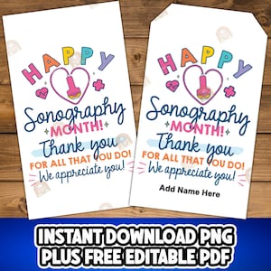 Puede incluir: Dos tarjetas blancas con el texto "HAPPY Sonography MONTH! Thank you FOR ALL THAT YOU DO! We appreciate you!" en letras coloridas. Una tarjeta tiene un espacio para "Add Name Here". Las tarjetas están sobre una superficie de madera.