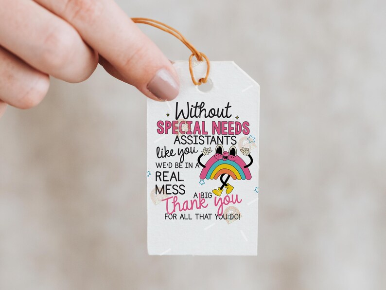 May include: A white gift tag with a brown string, featuring the text "Without Special Needs Assistants like you, we'd be in a real mess. Thank you for all that you do!" A cartoon rainbow is also on the tag.