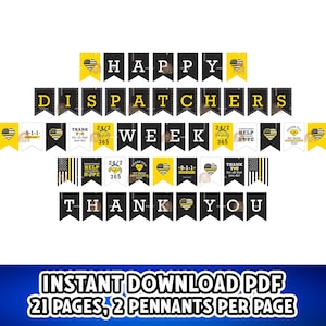 Op de afbeelding: Een printbare banner met zwarte en gele vlaggetjes waarop "Happy Dispatchers Week" en "Thank You" staat. De vlaggetjes hebben ook verschillende zinnen die betrekking hebben op dispatchers, zoals "24/7", "Help" en "9-1-1".