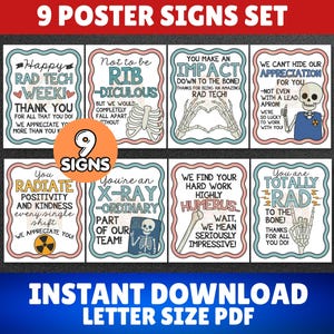 May include: A set of nine printable poster signs for Radiologic Technologists featuring skeleton-themed puns and illustrations. Each sign has a scalloped border and includes text such as Happy Rad Tech Week, You Make an Impact, and You Are Totally Rad.