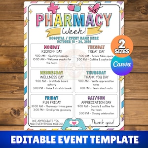 May include: A Pharmacy Week event schedule template featuring a colourful header, a weekly calendar from Monday to Sunday with daily activities, and a heart-shaped hand gesture at the bottom. The text includes Pharmacy Week, Hospital Event Name Here, and dates.