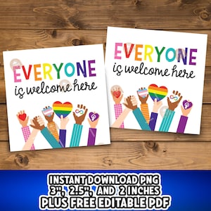 Etiqueta "Todos son bienvenidos aquí", etiqueta de regalo inclusiva imprimible, etiqueta de regalo del Mes del Orgullo, etiqueta de espacio seguro, etiqueta de diversidad, todos son bienvenidos aquí