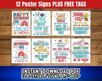 May include: Twelve printable posters with colourful designs and encouraging messages for respiratory therapists. The posters feature cute cartoon characters and sayings like "Happy Respiratory Care Week" and "We thank you for all that you do! We lung you!"