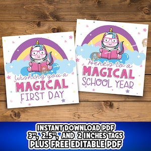 May include: Two square cards with a cartoon unicorn reading a book, set against a rainbow and clouds. The cards have text that reads "Wishing you a MAGICAL FIRST DAY" and "Here's to a MAGICAL SCHOOL YEAR".