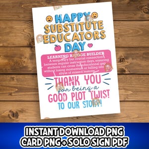 Printable Substitute Educators Day Card, Substitute Teacher thank you, Substitute Educator Gift, Education Week Tag, Sub Teacher Card