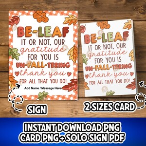 May include: Two fall-themed cards with the text "BE-LEAF" and a message of gratitude. The cards feature autumn leaves and a gingham border. The image also includes the words "SIGN" and "2 SIZES CARD".