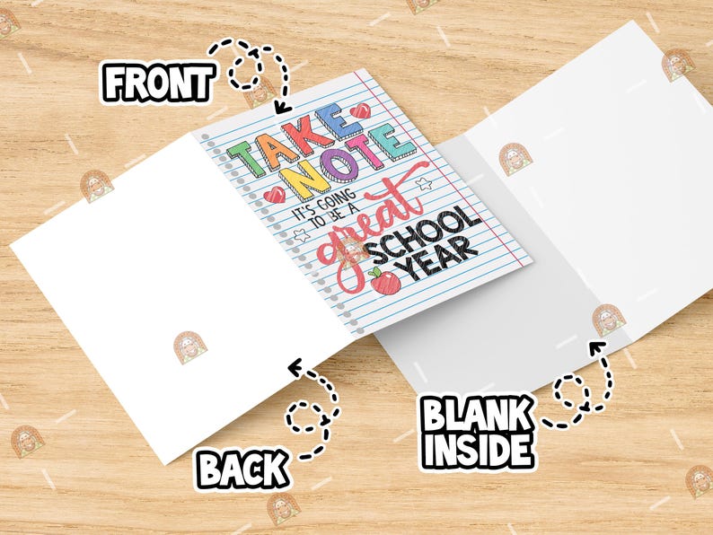 May include: A blank greeting card with a colourful design on the front that says "Take Note It's going to be a great school year". The back of the card is blank.