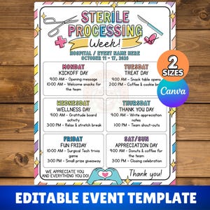 Modello modificabile per l'itinerario della settimana di sterilizzazione, programma degli eventi della settimana tecnica SPD, modello di volantino per la settimana SPD