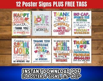 Op de afbeelding: Twaalf kleurrijke, afdrukbare posters met positieve boodschappen voor sociaal werkers. De posters bevatten illustraties van harten, sterren en andere leuke ontwerpen. De tekst op de posters bevat zinnen als "Gelukkige Maand van de Sociaal Werk", "Bedankt" en "We waarderen u".