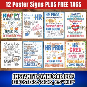May include: Twelve printable 8.5 x 11 inch posters with motivational messages for Human Resources professionals. The posters feature colorful illustrations and text such as "Happy HR Professionals Day", "HR Pros, Everyone Knows", "Thanks for Keeping Our Workplace Drama-Free", and "HR Crew Here's to You".