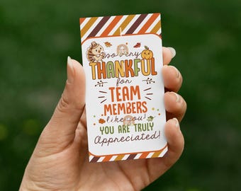 May include: A white rectangular card with a Thanksgiving theme, held in a hand. The card features a cartoon turkey, pumpkin, and fall leaves. Text reads "So very thankful for team members like you! You are truly appreciated!"