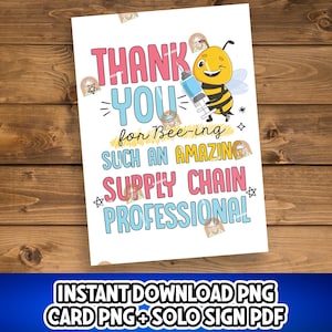 以下が含まれることがあります： 注射器を持った漫画の蜂が描かれたサンキューカード。カードには「サプライチェーンのプロとして、素晴らしい仕事をしてくれてありがとう」と書かれています。
