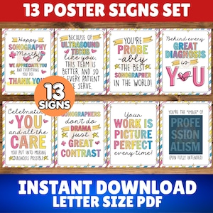 Könnte beinhalten: Ein Set aus 13 druckbaren Plakaten mit farbenfroher Typografie und Grafiken zum Thema Sonografie. Jedes Schild zeigt einen einzigartigen Text wie Happy Sonography Month, You're Probe-ably the Best und Your Work is Picture Perfect.
