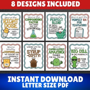 May include: A set of eight printable cards featuring pharmacy-themed illustrations and puns. Each card has a scalloped border and text including phrases like You're the RIGHT DOSE, PERFECT BLEND, and BIG DILL, accompanied by cartoon characters.