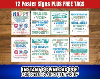 May include: A set of 12 printable posters with messages for perioperative nurses. The posters feature colourful designs with text such as "Thank You" and "Happy Perioperative Nurses Week". Each poster is 21.6 cm x 27.9 cm.
