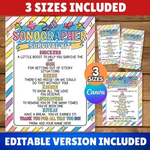 May include: A Sonographer Survival Kit printable sign featuring a rainbow striped border, colourful star and medical icons, and text listing candy items like Snickers, Gum, Reese, Kisses, Lifesavers, and KitKat with humorous descriptions for each.