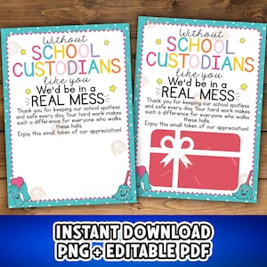 School Custodian Gift Card Holder Printable, Thank you Custodian Appreciation Day Gift for Custodian Gift Card Holder, We&#39;d Be a Real Mess