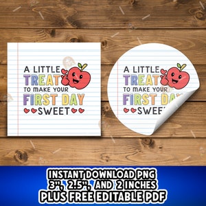 Printable First day of school sweet treat tag, Welcome back to school gift bag tags, apple gift tag, 1st day of school tags for teacher