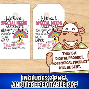 May include: Two white gift tags with text: "Without Special Needs Assistants like you, we'd be in a real mess. Thank you for all that you do!" A cartoon cow holds a sign: "This is a digital product, no physical product will be sent."