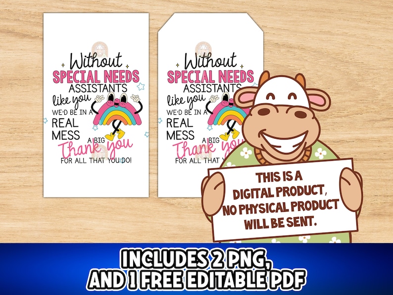 May include: Two white gift tags with text: "Without Special Needs Assistants like you, we'd be in a real mess. Thank you for all that you do!" A cartoon cow holds a sign: "This is a digital product, no physical product will be sent."