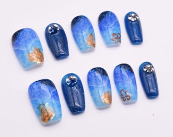 Trendy Ocean and Cat Eye Press on Nails, Beach Fake Nails with Gem Charms, Luxury Medium Coffin Acrylic Nails, Handmade Custom Nails