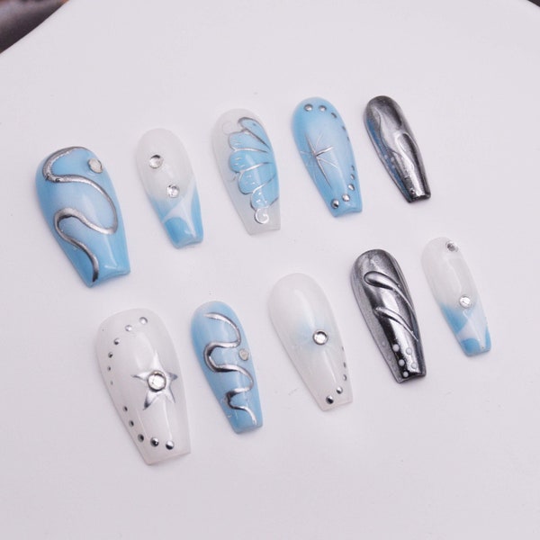 Trendy Blue and White Press on Nails, French Tip Fake Nails with Polka Dots and Watercolor Design, Luxury Medium Coffin Acrylic Nails