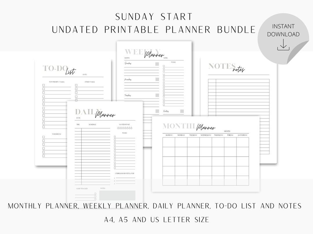 Sunday Start Printable Planner Bundle undated - Etsy