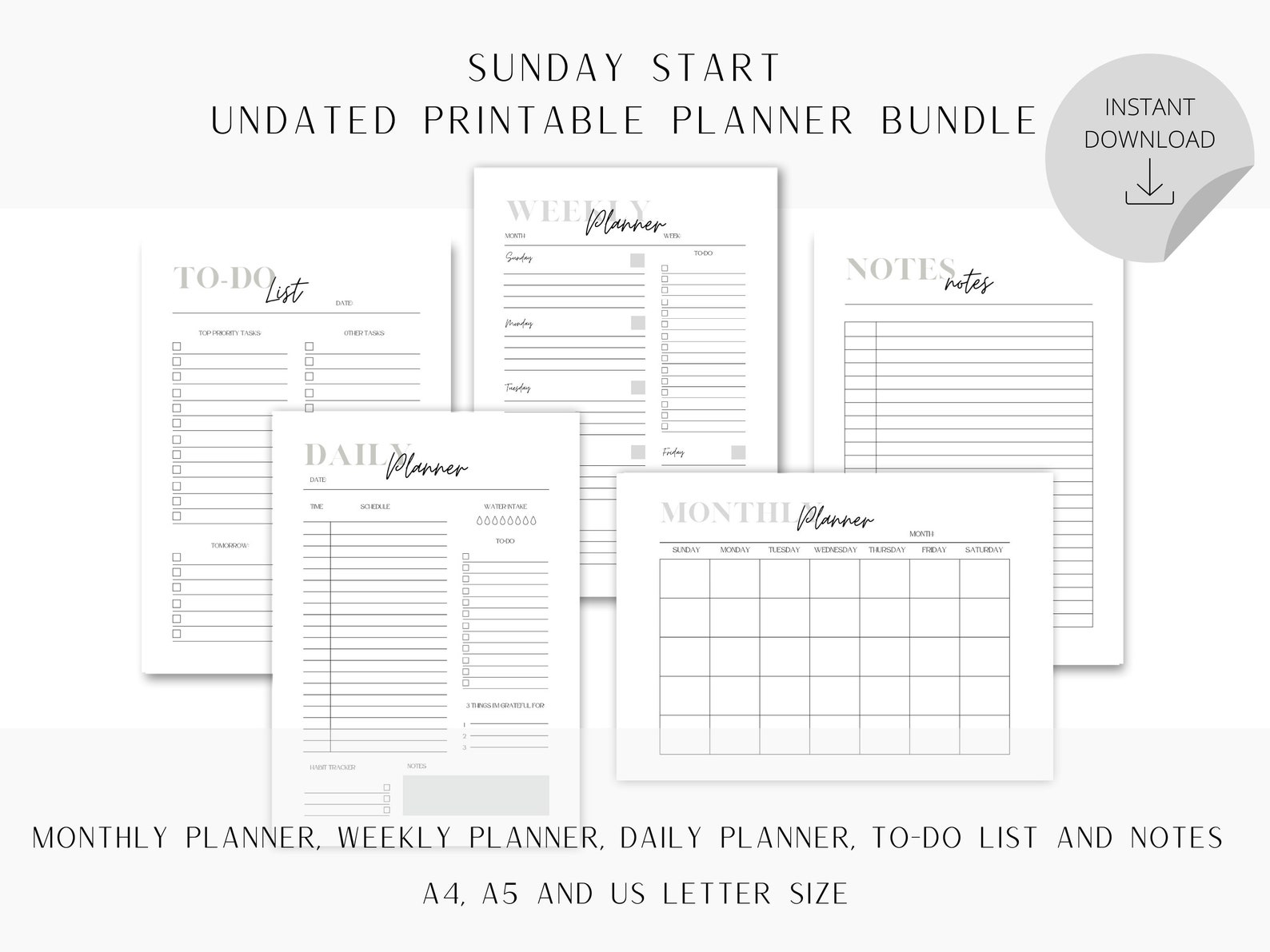 Sunday Start Printable Planner Bundle undated Etsy