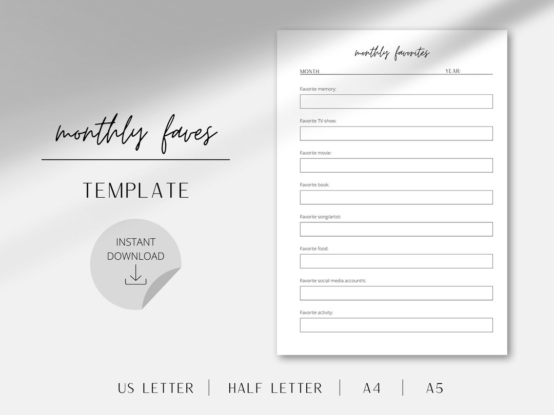 Monthly Favorites Template I Printable Journal and Planner Inserts I Monthly Favorites Template I Printable Journal and Planner Inserts I