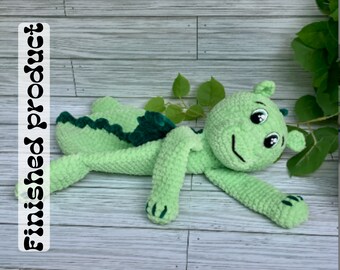 Amigurumi Finished crochet dragon, Green dragon lovey snuggler Plushie toy, Handmade Crochet item, baby child precious carrying toy