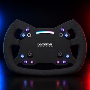 May include: A black Moza Racing steering wheel for sim racing featuring a flat-bottom design, textured grips, and a central panel with multiple illuminated buttons, rotary dials, and a horizontal LED light strip positioned above the brand logo.