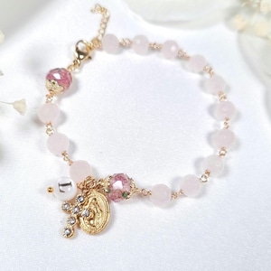 Bracelet chapelet pour femme et fille, personnalisé en quartz rose naturel, cadeau de première communion