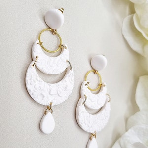 Big white polymer clay chandelier floral earrings, Statement wedding earrings brides, Handmade jewelry, Christmas gift daughter niece wife