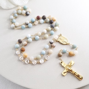 Rosario personalizzato in amazzonite, regalo per battesimo, prima comunione, cresima, bambina e bambino, preghiera cattolica per uomo, rosario personalizzato del padrino